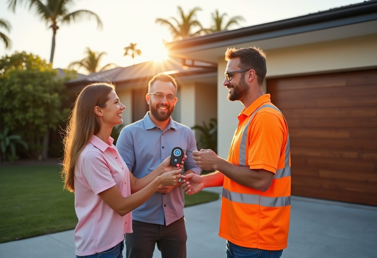 Technician handing over a garage remote at sunset — Kirra